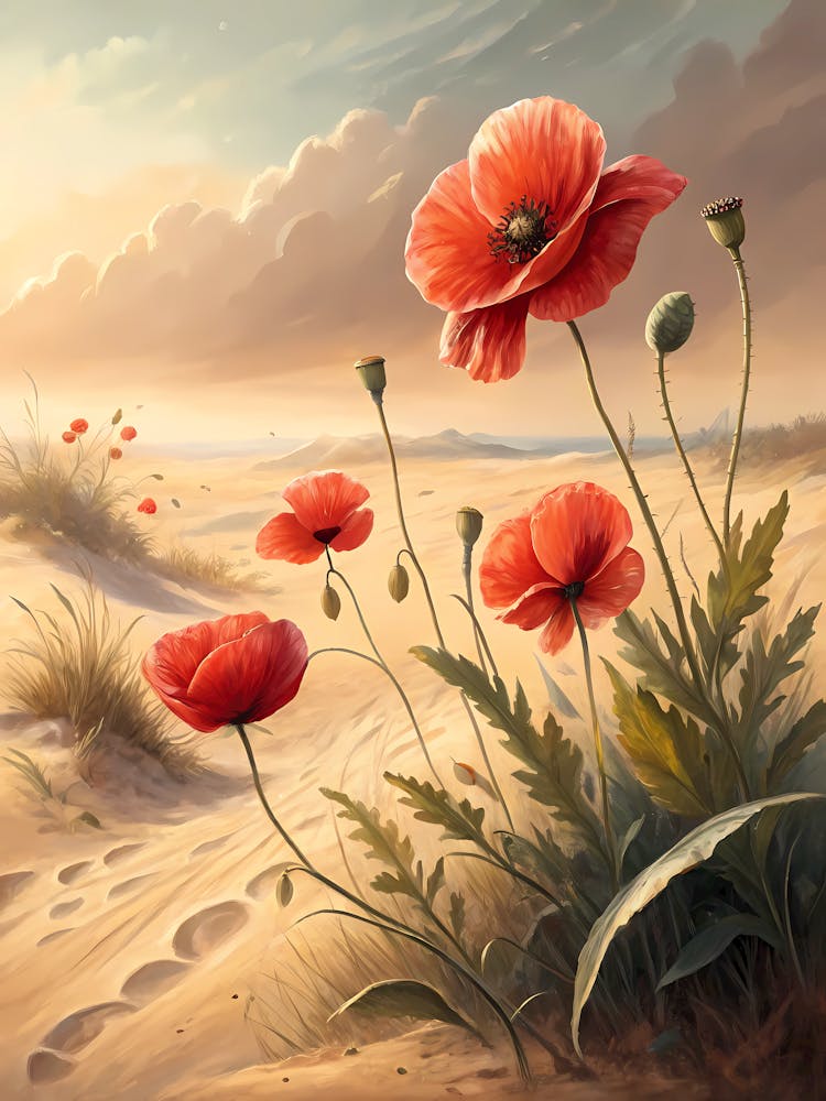 Oil Painting Style Dreamy Poppies On Sandy Background
