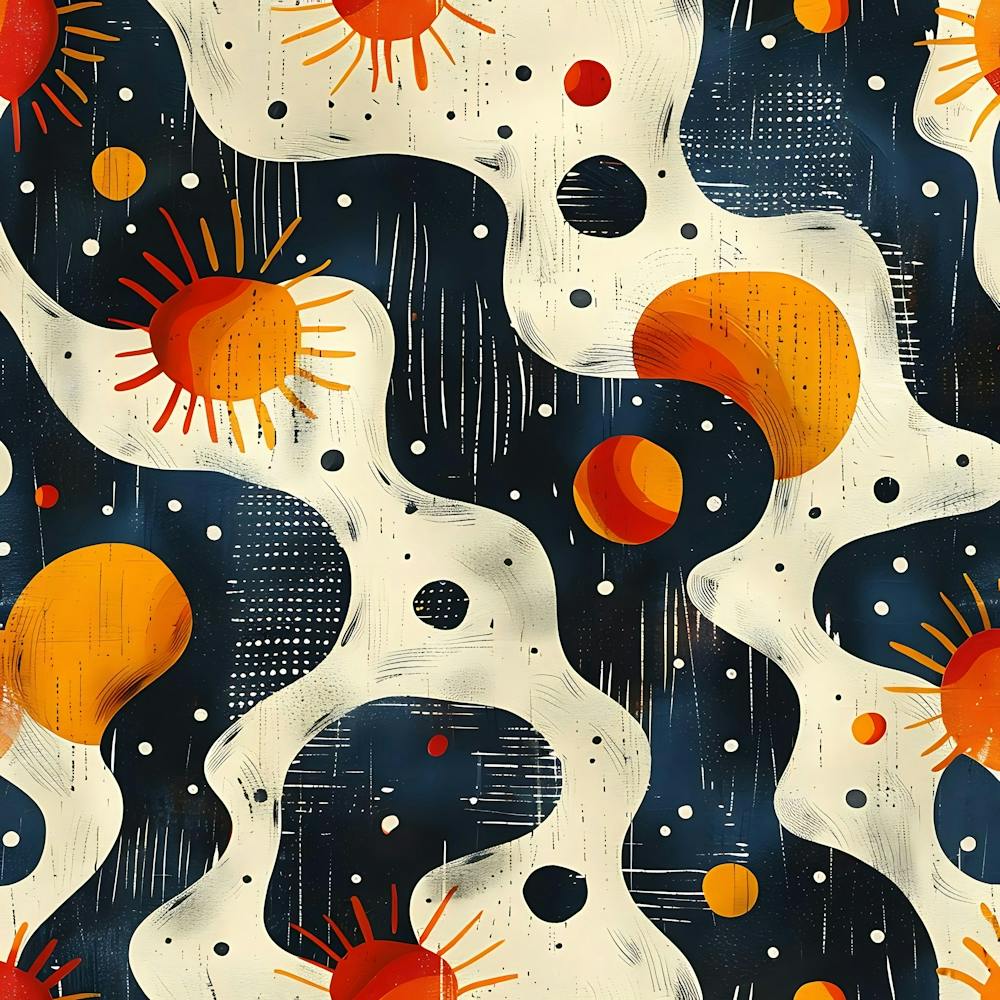 Abstract Cosmic Pattern With Wavy Lines Suns Planets And Stars On A Dark Background