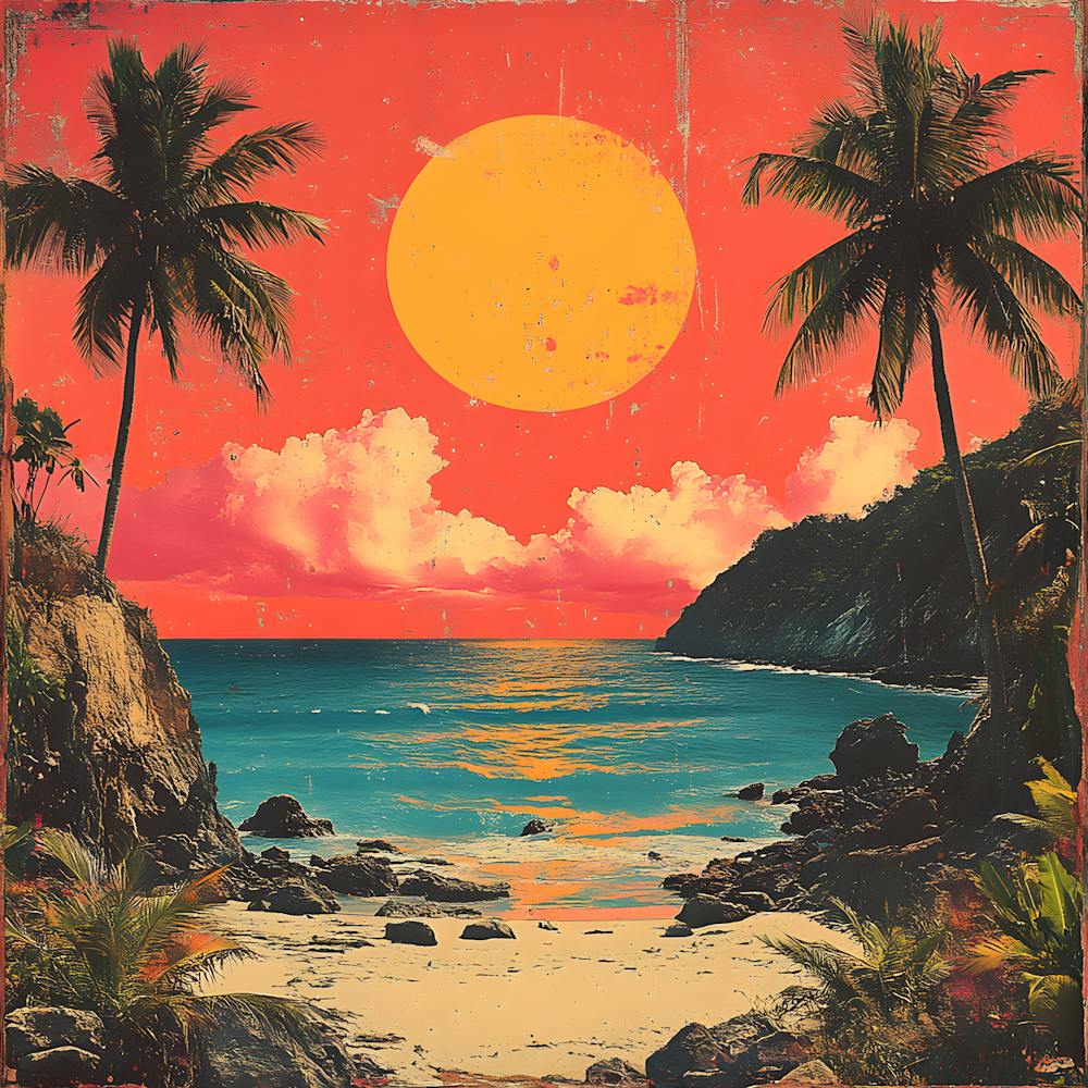 Retro Tropical Sunset Vintage Beach Wall Art, Palm Trees & Ocean, 80s Aesthetic Print