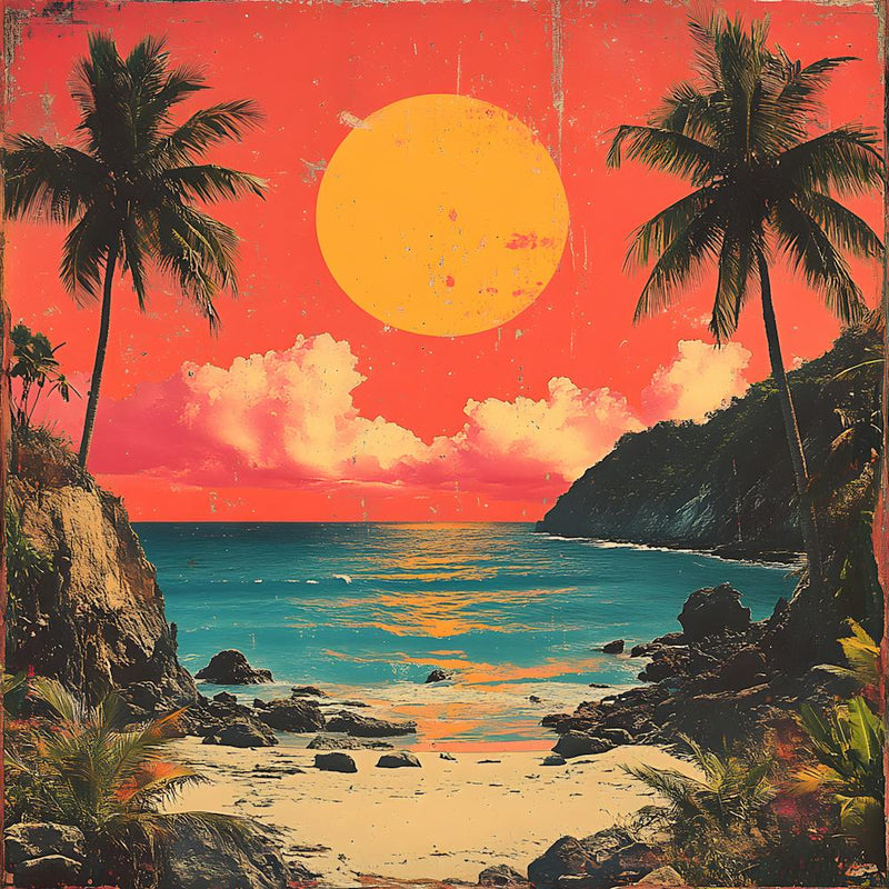 Retro Tropical Sunset Vintage Beach Wall Art, Palm Trees & Ocean, 80s Aesthetic Print