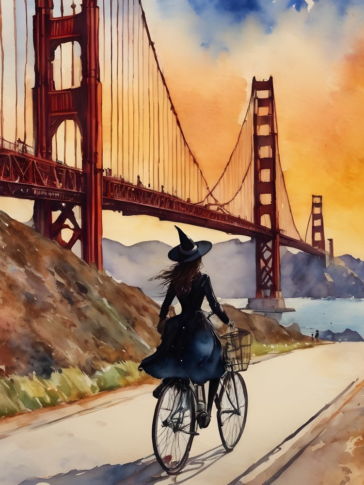 A Witch in San Francisco ~ A Witch Travels Spooky Fairytale Watercolour 