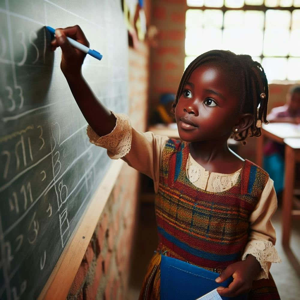 Little Girl Writing On Blackboard