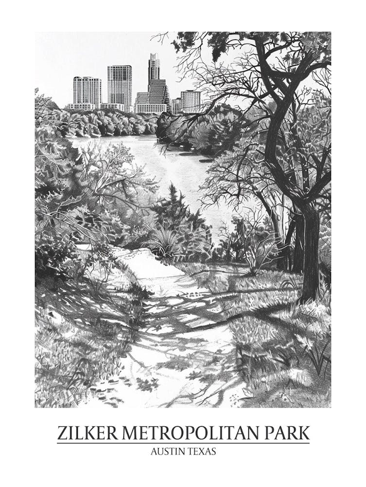 Zilker Metropolitan Park Austin Texas Black And White Drawing 2 Poster
