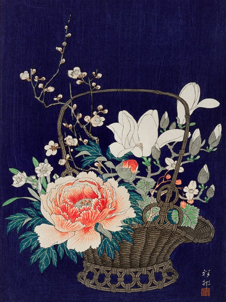 Bamboo Flower Basket, Ohara Koson Vintage Japanese