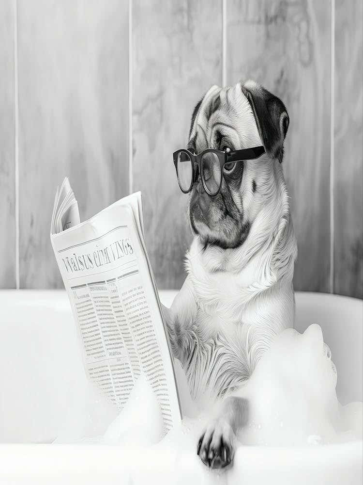 Pug In Bathtub Wall Art, Dog Reading Newspaper In Bubble Bath Poster, Black And White Print, Funny Wall Art, Bathroom Wall Decor