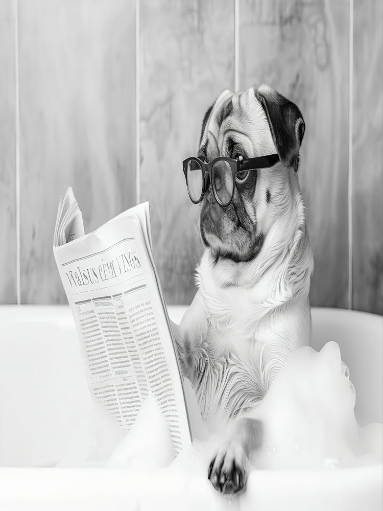 Pug In Bathtub Wall Art, Dog Reading Newspaper In Bubble Bath Poster, Black And White Print, Funny Wall Art, Bathroom Wall Decor