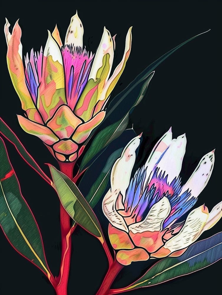 Neon Flowers On Black Protea 3