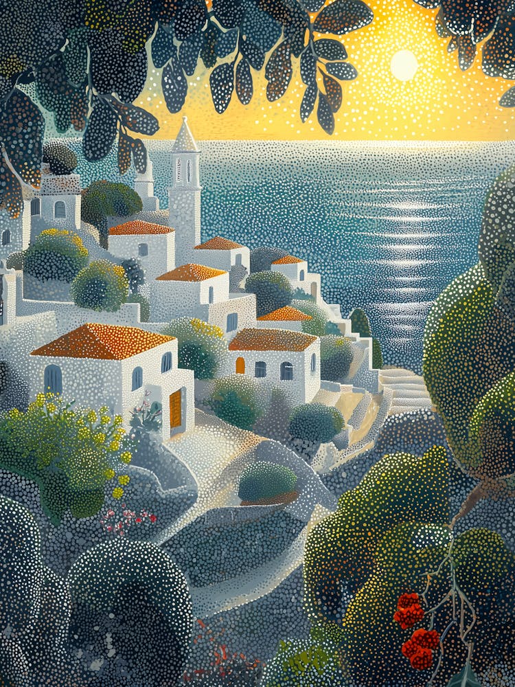 Seaside Village At Sunset In Pointillist Style – Plakat