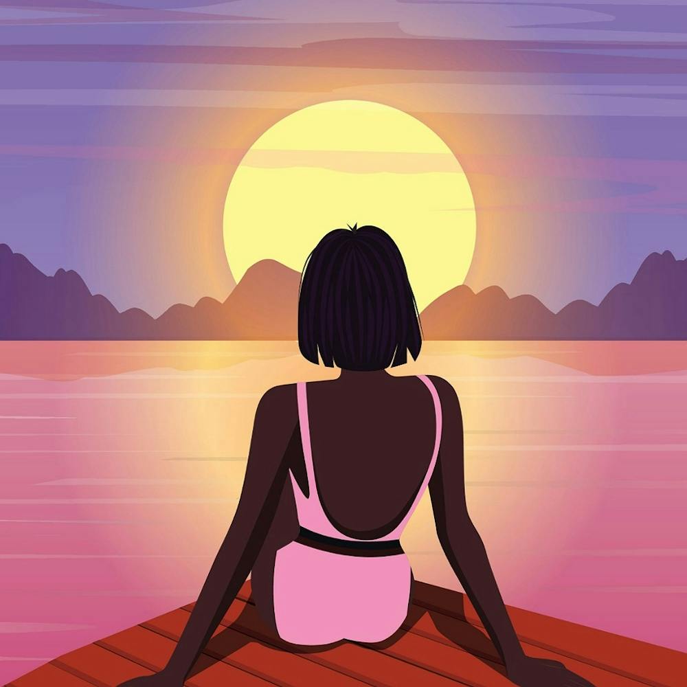 Sunset Woman Sitting On A Boat
