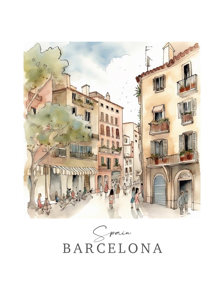 Spanien, Barcelona Märchenbuch 2 Reiseposter Aquarell