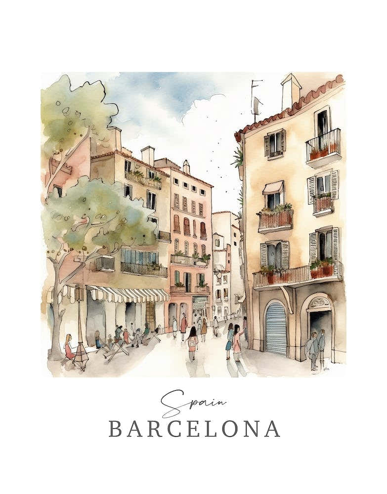 Spain, Barcelona Storybook 2 Travel Poster Watercolour