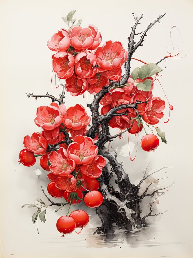 Cherry Tree Close Up, Japanese Brush Painting, Ukiyo E, Minimal 2