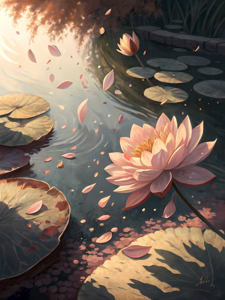 Oil Painting Style Floating Petals With Shadow Over