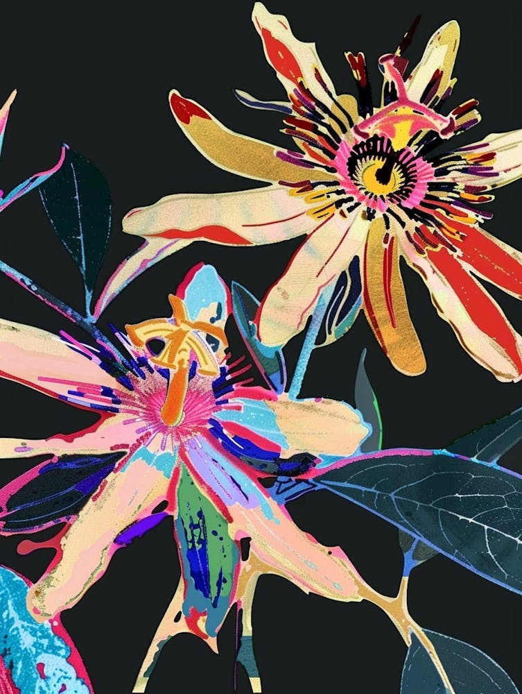 Neon Flowers On Black Passionflower 2