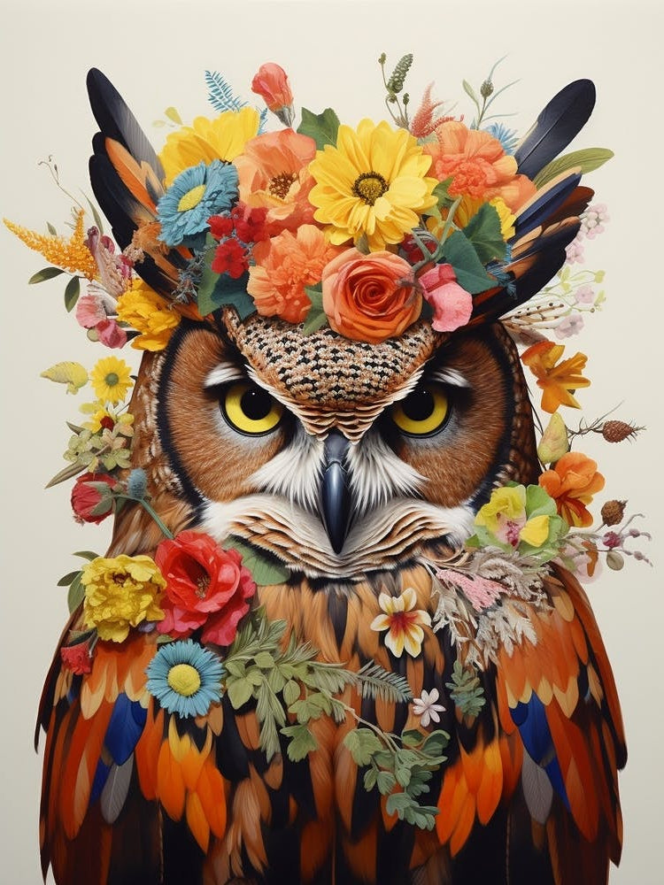 Bird With A Flower Crown Great Horned Owl 1