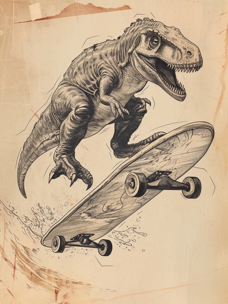 Vintage Icthyosaurus Dinosaur On A Skateboard 2