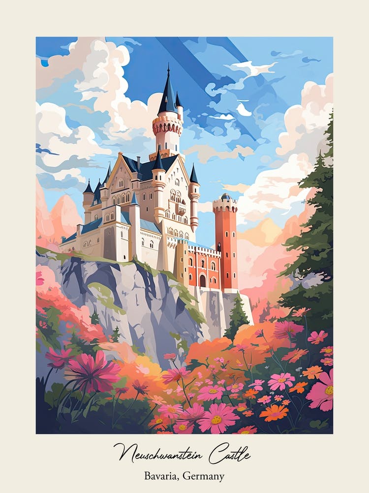 Neuschwanstein Castle   Bavaria, Germany   Cute Botanical Illustration Travel 3 Poster