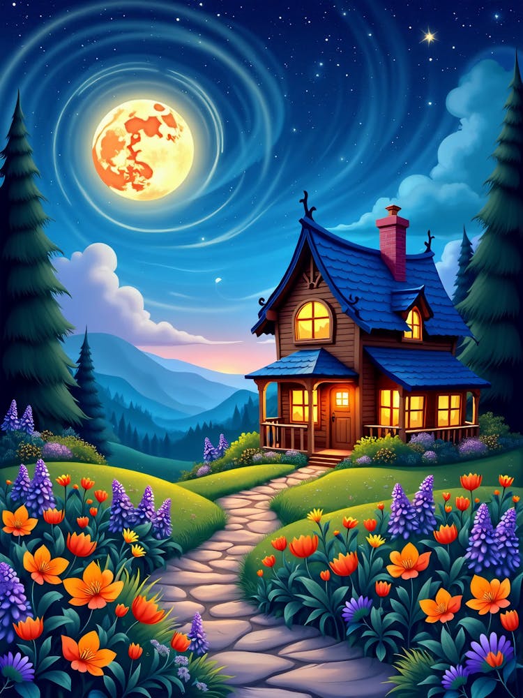 A Beautiful Wooden House Moon Night Landscape V 02