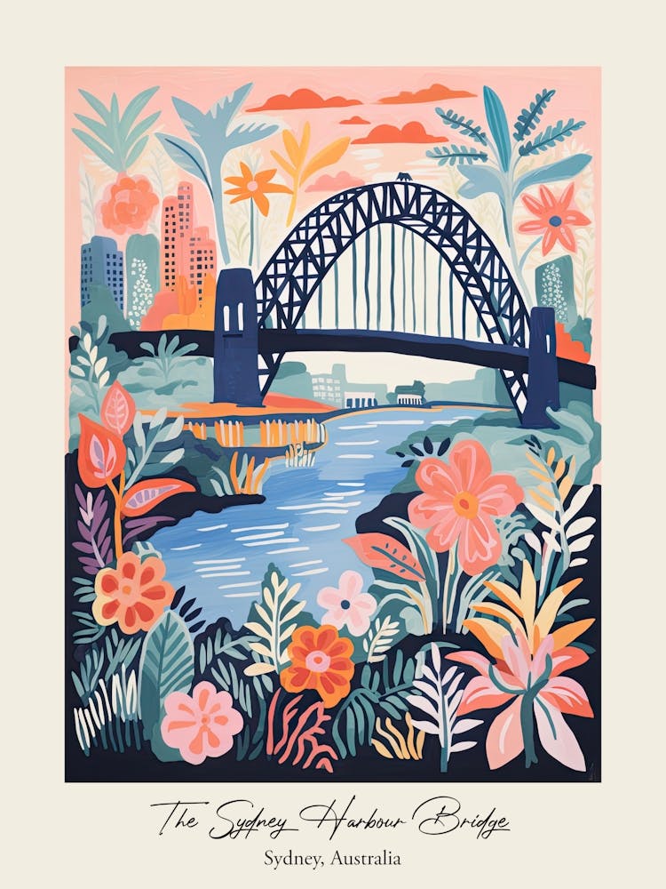 The Sydney Harbour Bridge   Sydney, Australia   Cute Botanical Illustration Travel 1 Poster