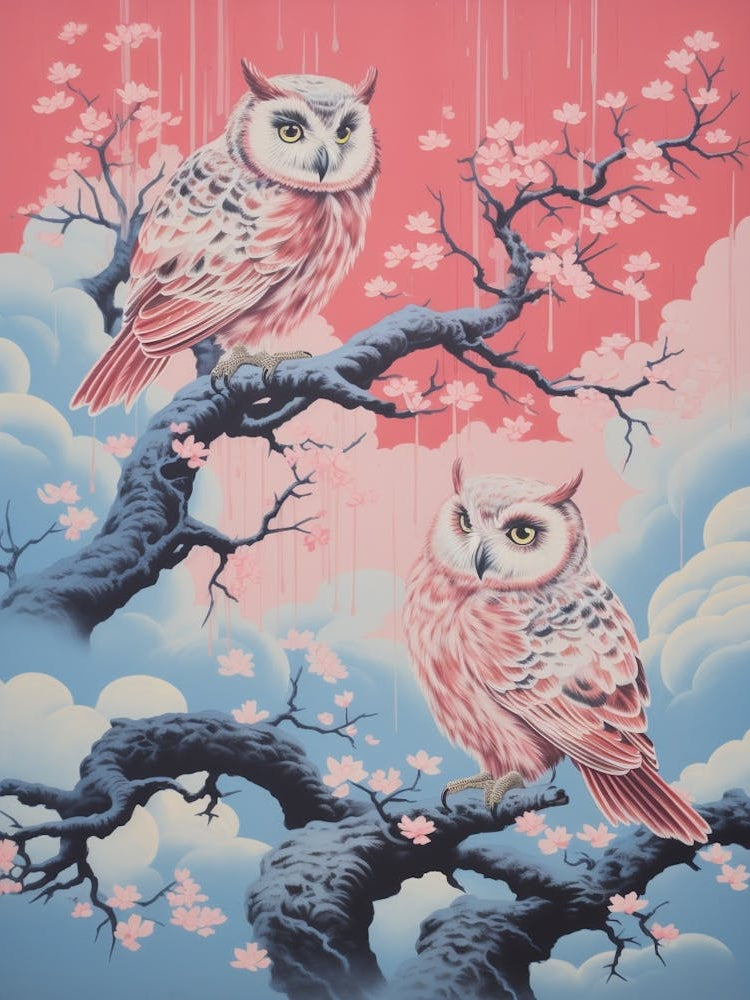 Vintage Japanese Inspired Bird Print Eastern Screech Owl 1
