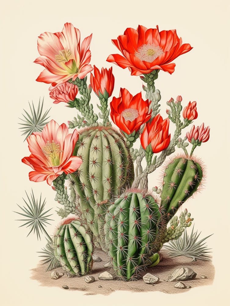 Vintage Cactus Illustration Ladyfinger Cactus 1