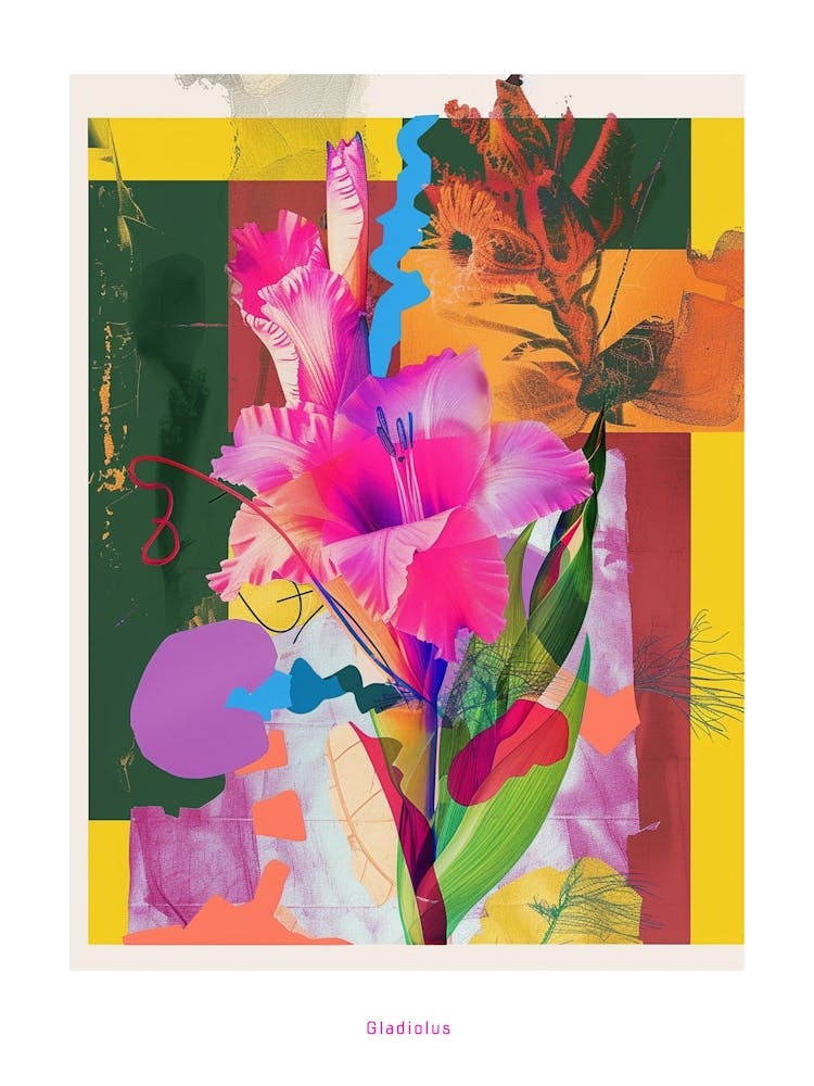 Gladiolus 3 Neon Flower Collage Poster