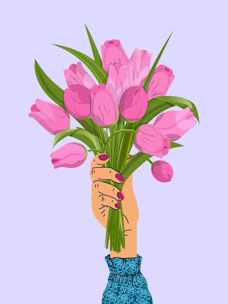 Hand Holding Spring Tulips Lilac