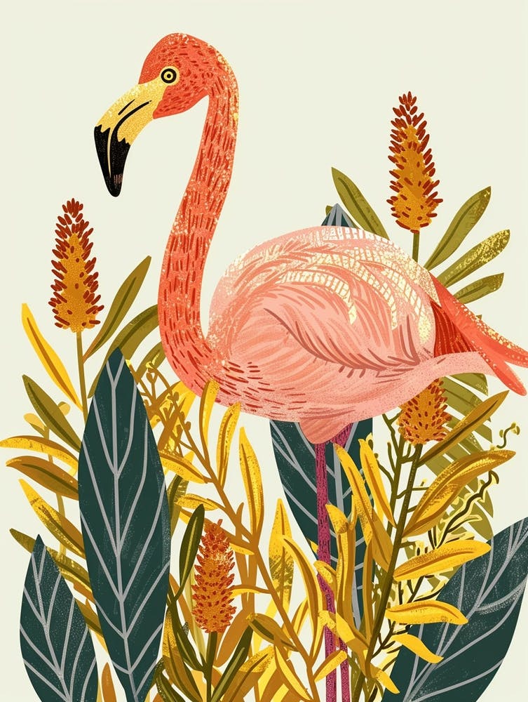 Andean Flamingo And Croton Plants Minimalist Illustration 3