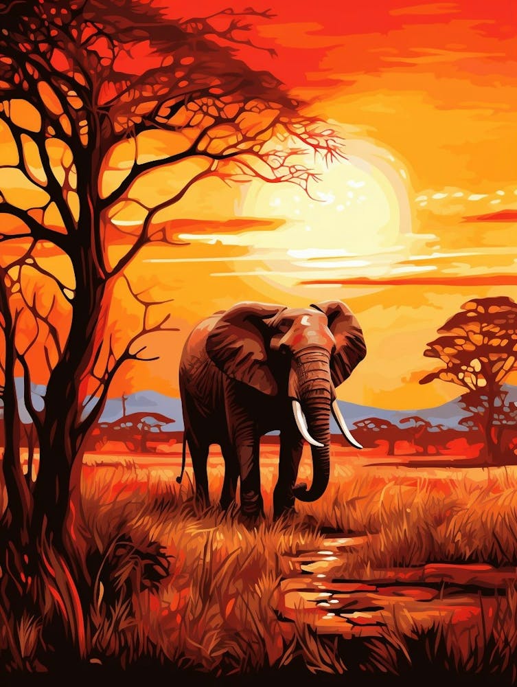 African Elephant In The Savannah Traditional Painting 2