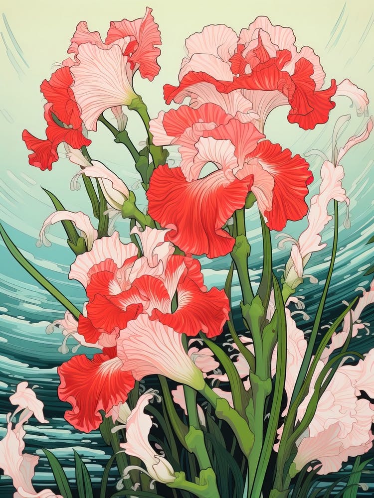 Great Wave With Gladiolus Flower Drawing In The Style Of Ukiyo E 4