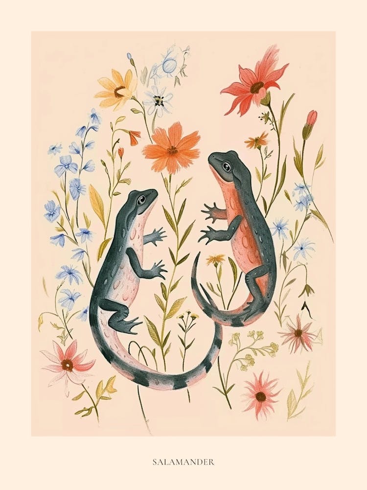 Folksy Floral Animal Drawing Salamander 3 Poster