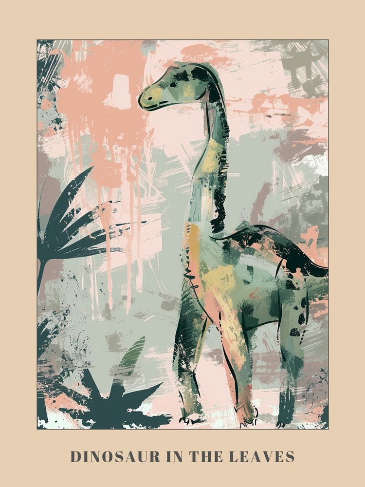 Dinosaur & Leaves Pastel Painting Poster