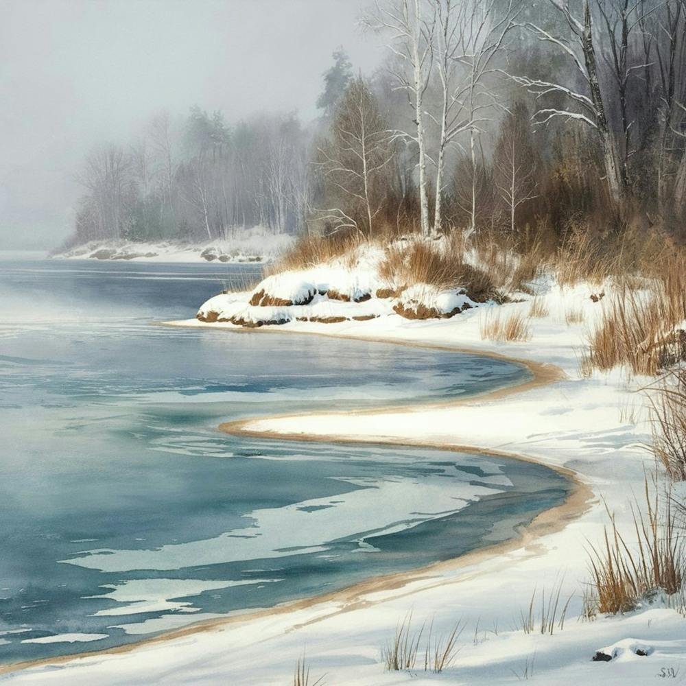 Beautiful Serene, Watercolor Painting Of A Lake In Winter