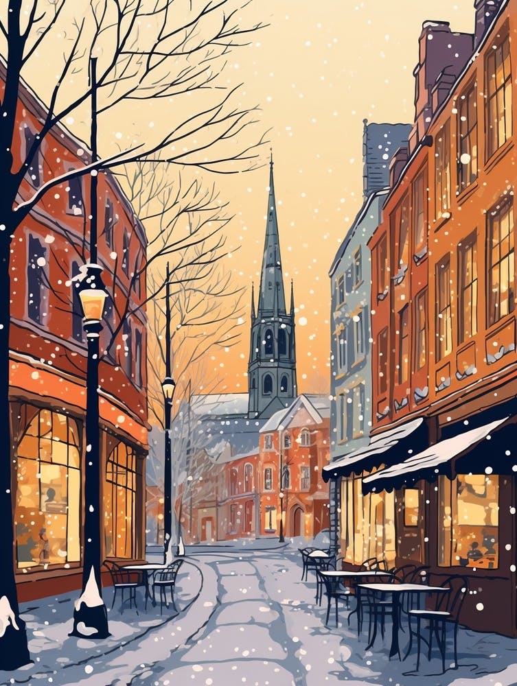 Vintage Winter Travel Illustration Oxford United Kingdom 1