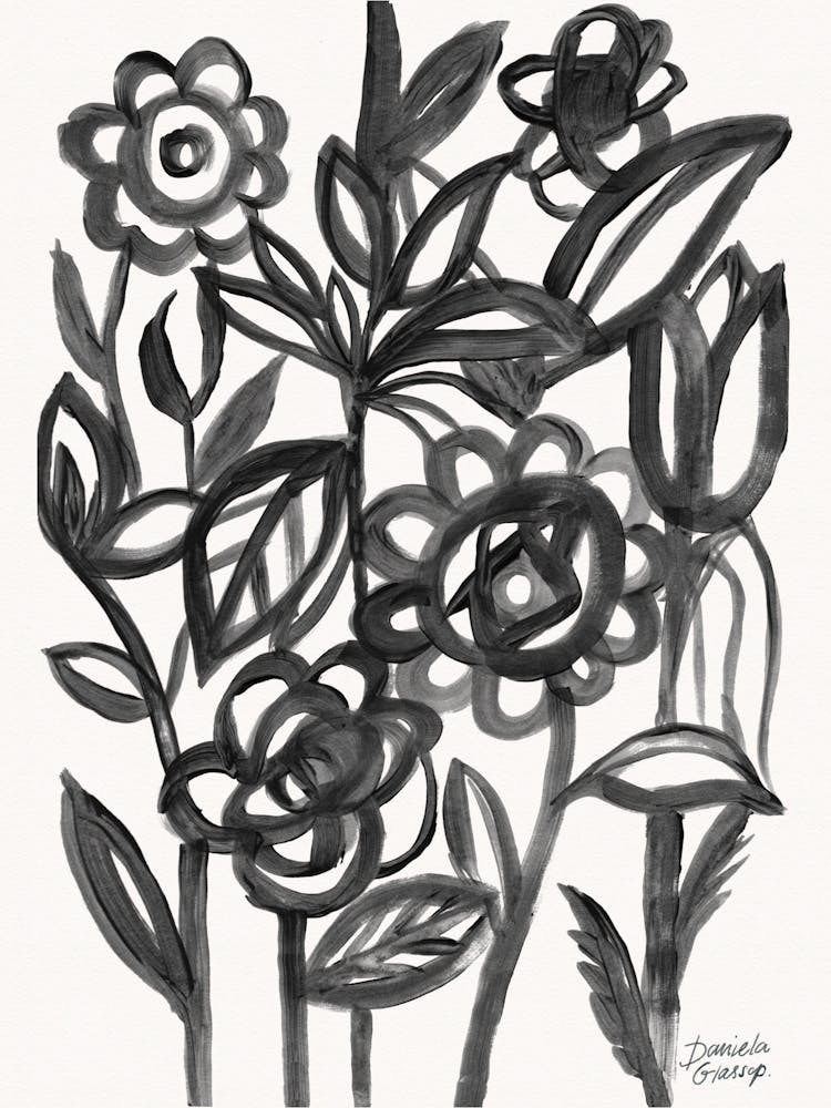 Abstract Linear Floral Black