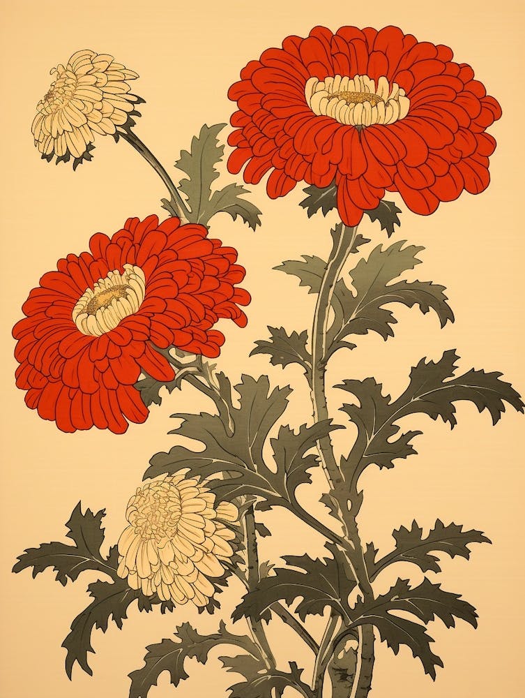 Kiku Chrysanthemum 1 Vintage Botanical Woodblock