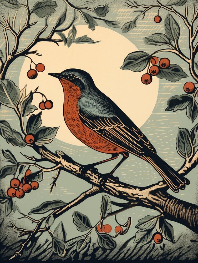 Vintage Bird Linocut Robin 3