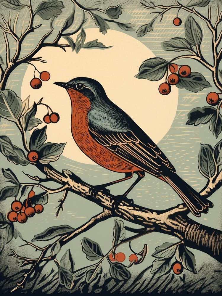 Vintage Bird Linocut Robin 3