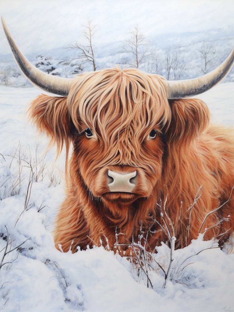 Traditional Watercolour Illustration Of Highland Cow In The Snowy Field 3