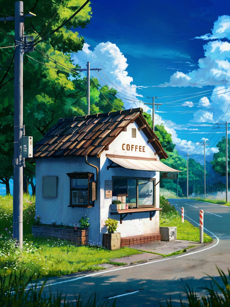 Lofi Anime Art: Quaint countryside coffee shop surrounded by greenery, wildflowers, and a quiet road. Perfect for calm and nostalgic vibes.