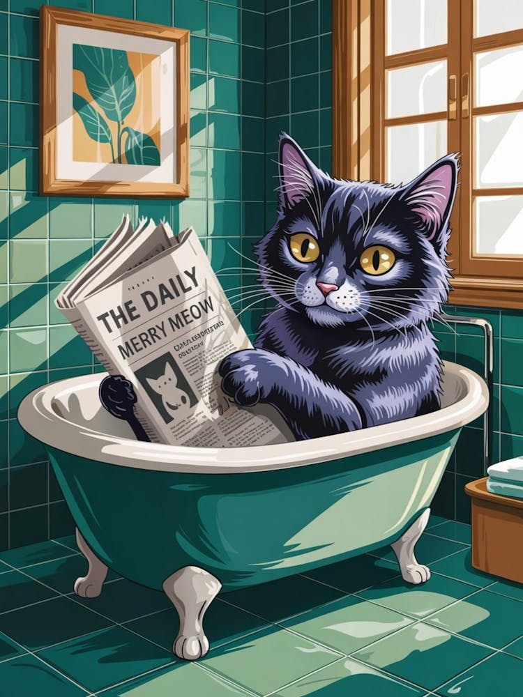 cat reading newspaper in bath 1