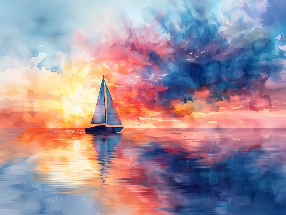 Watercolor Sailboat At Sunset 7