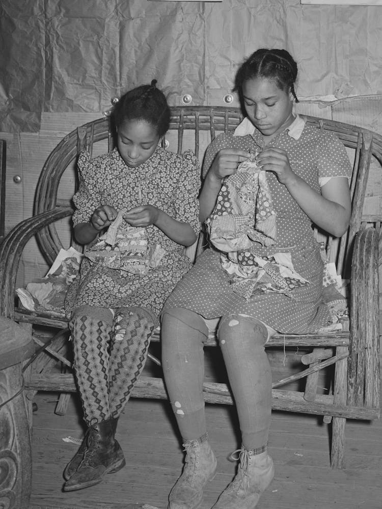 Two Daughters Of Pomp Hall, Tenant Farmer, Making Patchwork Cushions For Chairs, Creek County, Oklahoma