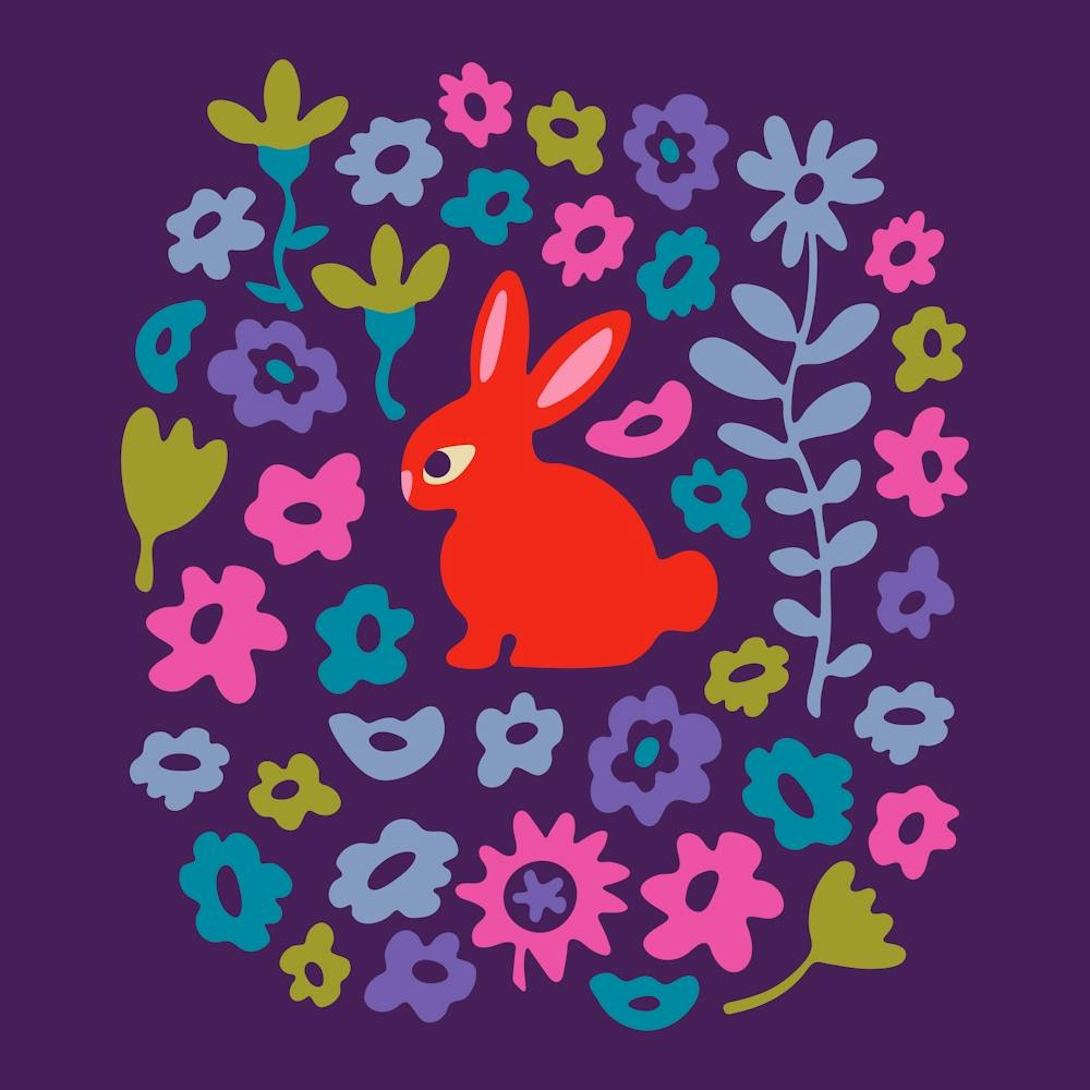 BUNNY RABBIT Cute Animal and Flowers in Sweet Brights Red Purple Pink Blue Green Kids