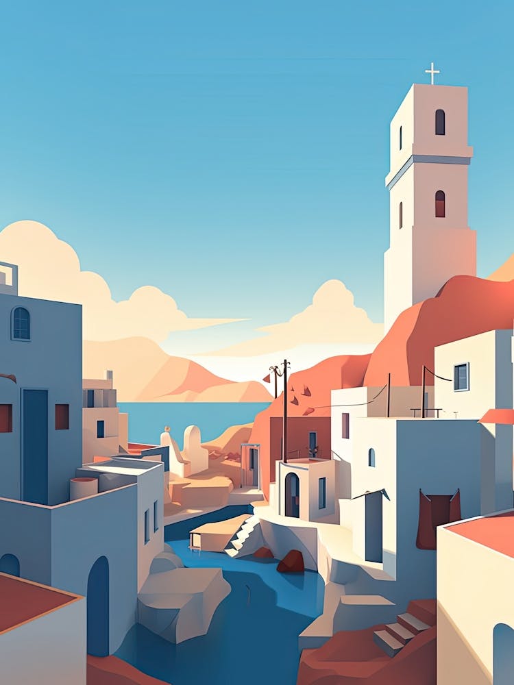 Santorini, Greece, Flat Illustration 1
