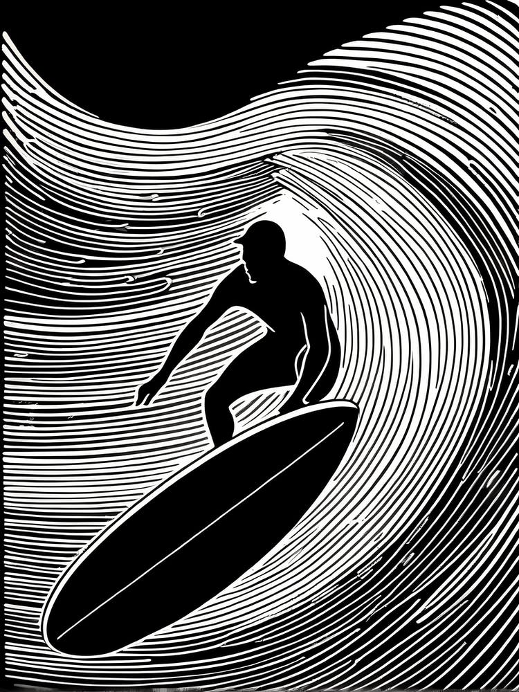 Linolschnitt Schwarz-Weiß Surfer auf einer Welle Kunst, Surf-Kunst, 266