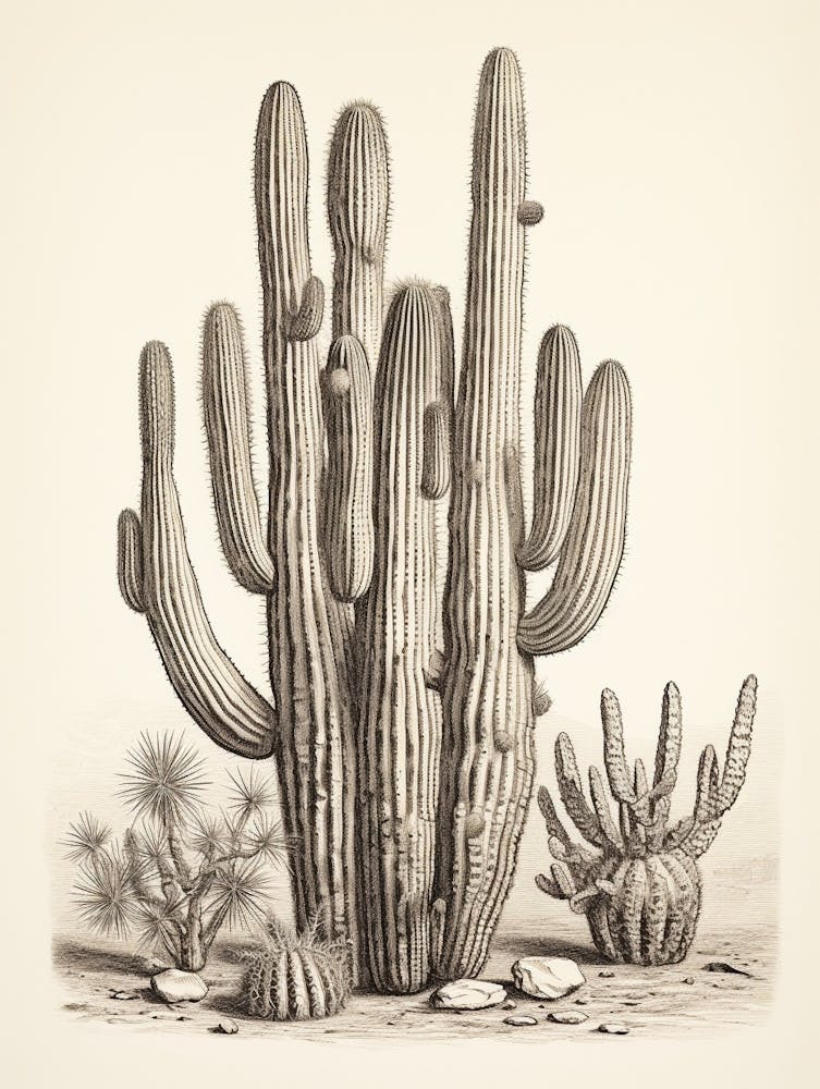 Vintage Cactus Illustration Old Man Cactus B&W