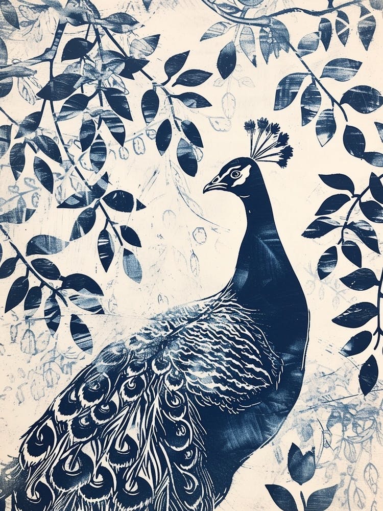 Navy Blue Peacock Leaf Portrait 2