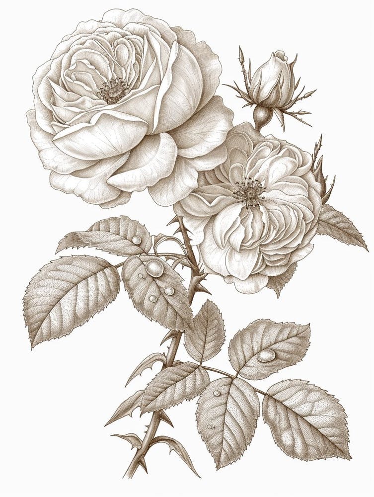 Rose With Dewdrops Line Drawing 2