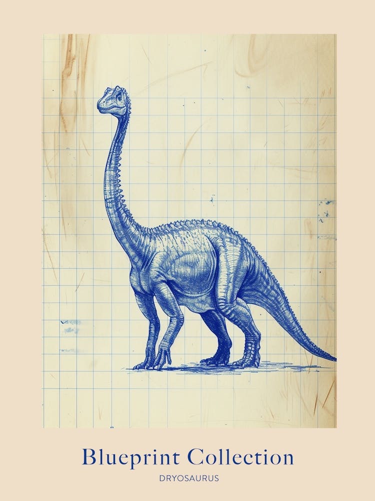 Dryosaurus Dinosaur Blue Print Sketch 1 Poster